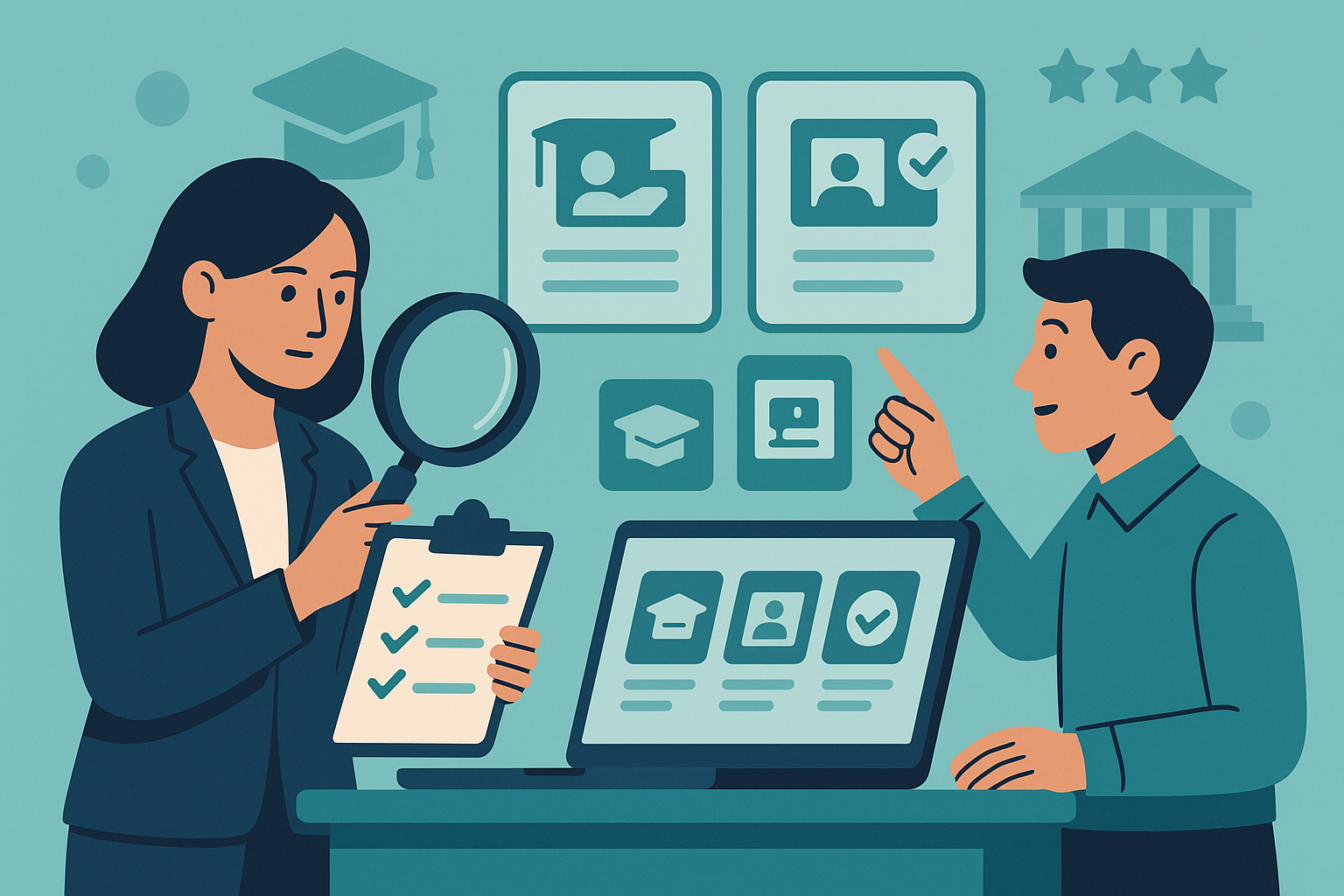 2人の人がChatGPT講座・スクールを探しているイラスト画像。